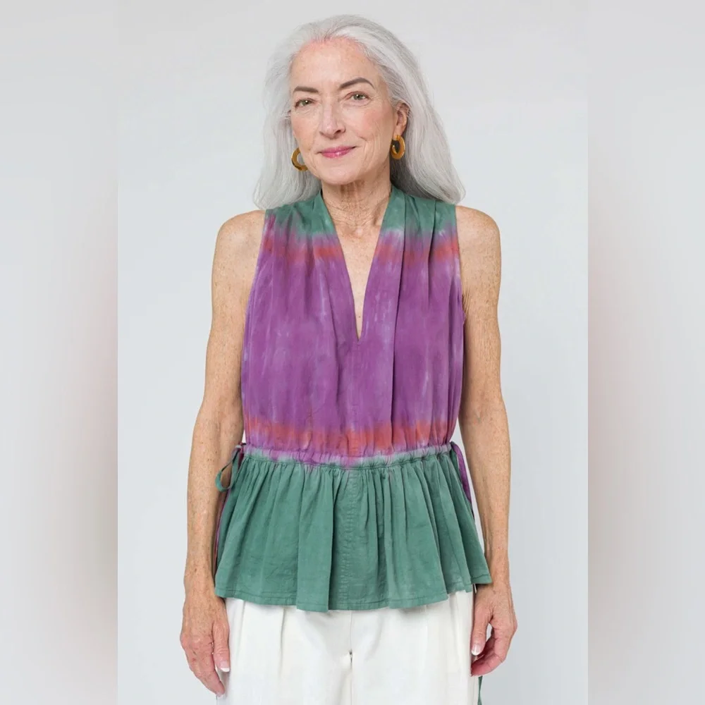 Raquel Allegra Daydream Top Size S Sleeveless Fantasy Tiger Tie Dye Green Purple - Picture 1 of 16